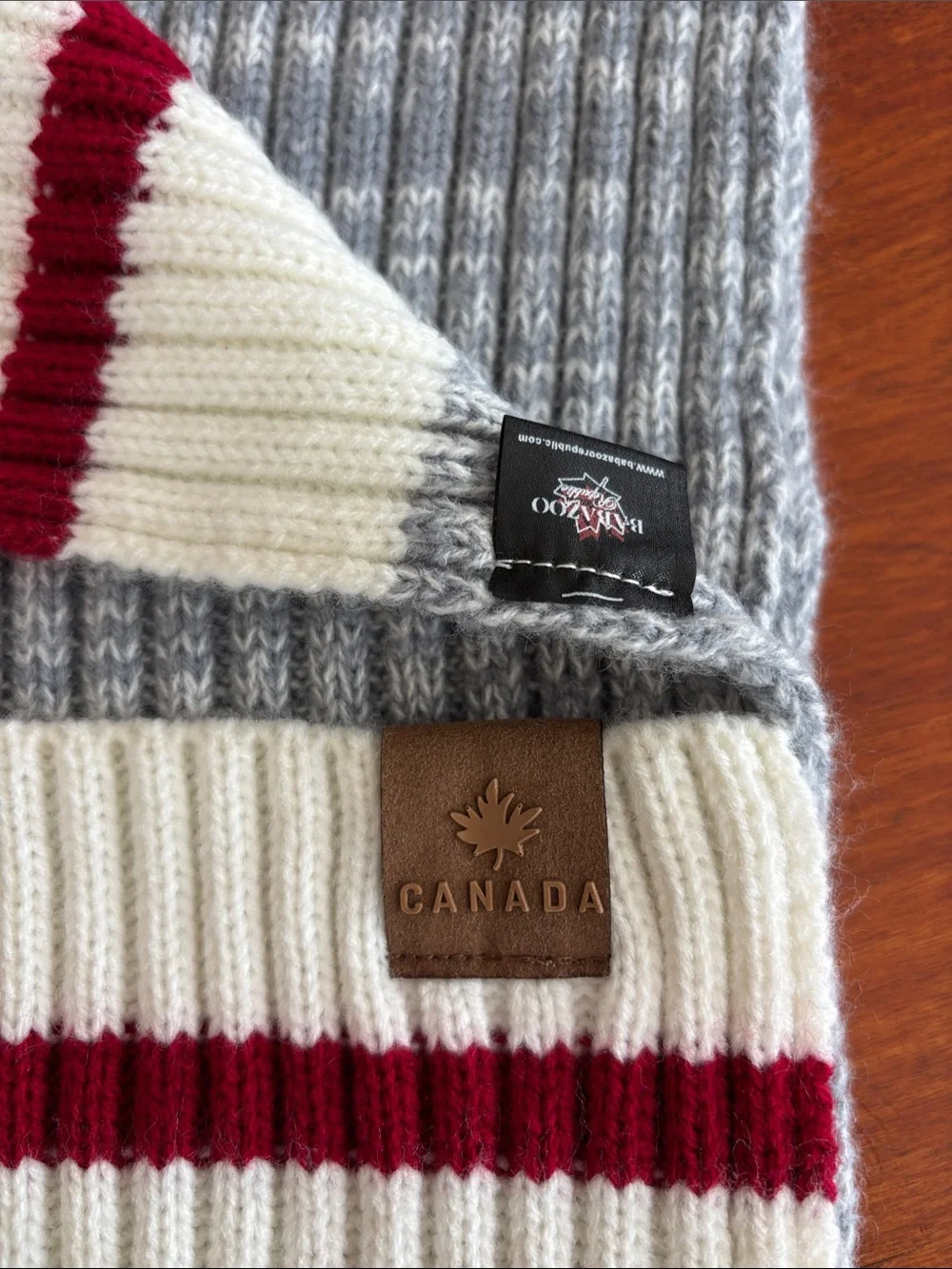 Canada Wool Ribbed Scarf in Gray, Cream & Red Stripe